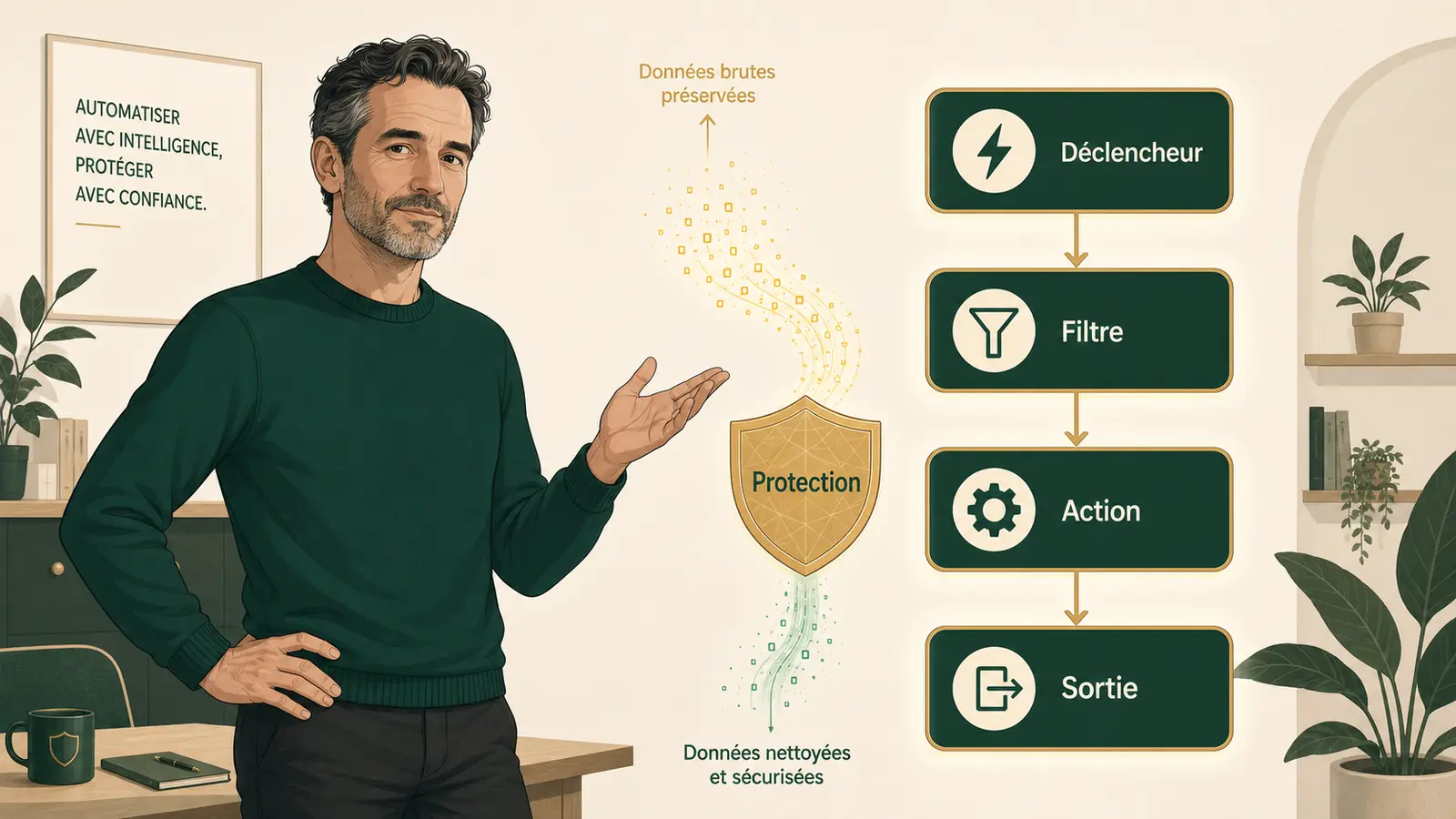Dirigeant TPE devant un schéma d'automatisation, bouclier discret filtrant les données avant envoi dans le flux — métaphore protection du savoir-faire métier