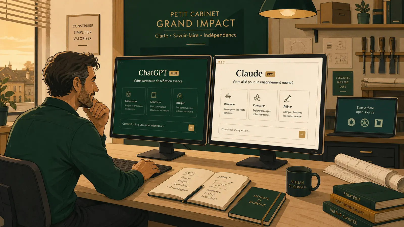 Dirigeant TPE/PME comparant ChatGPT et Claude — métaphore deux assistants IA côte à côte — choix au-delà des benchmarks
