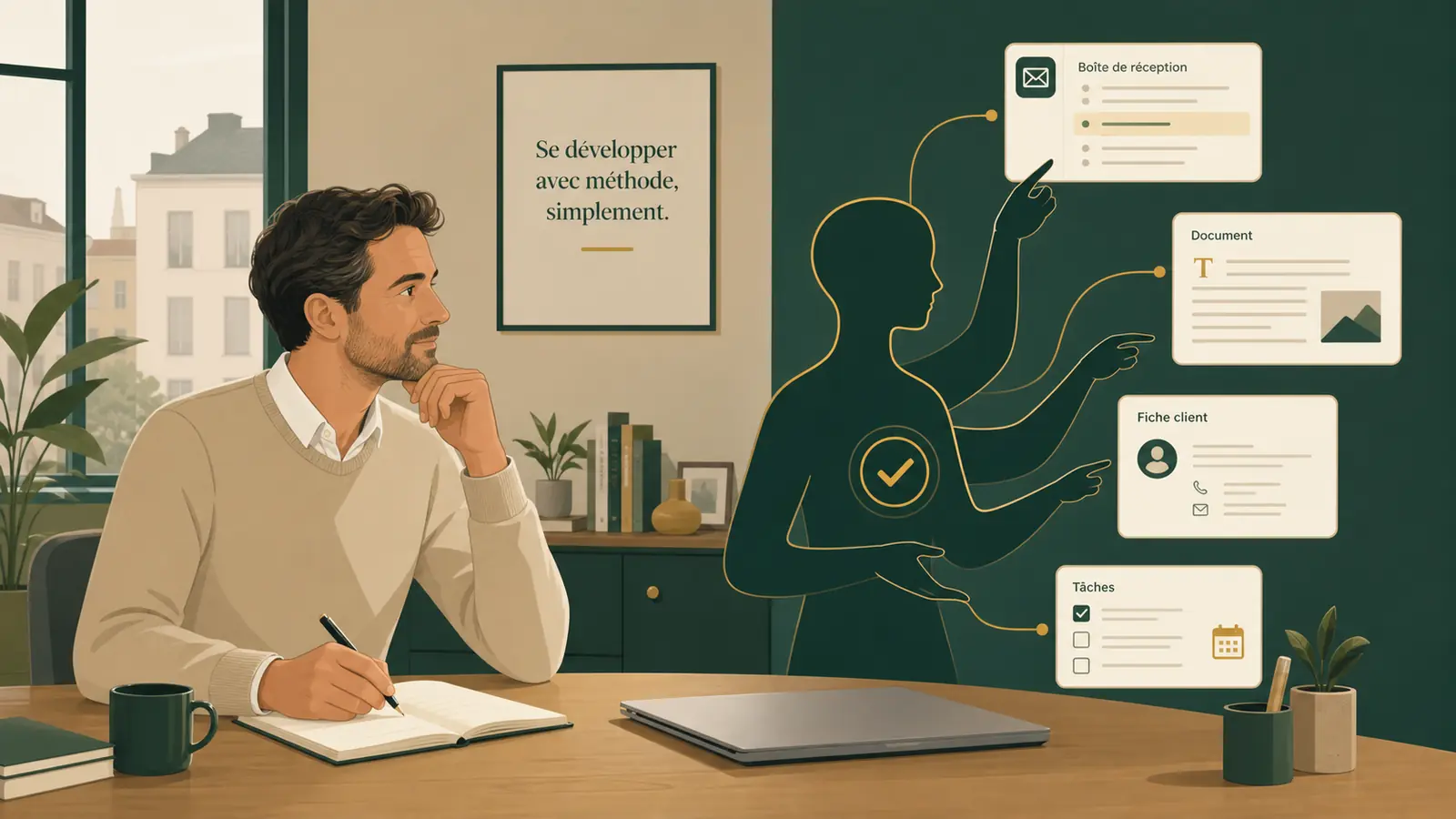 Illustration éditoriale agent IA — un assistant méthodique au travail aux côtés d'un dirigeant