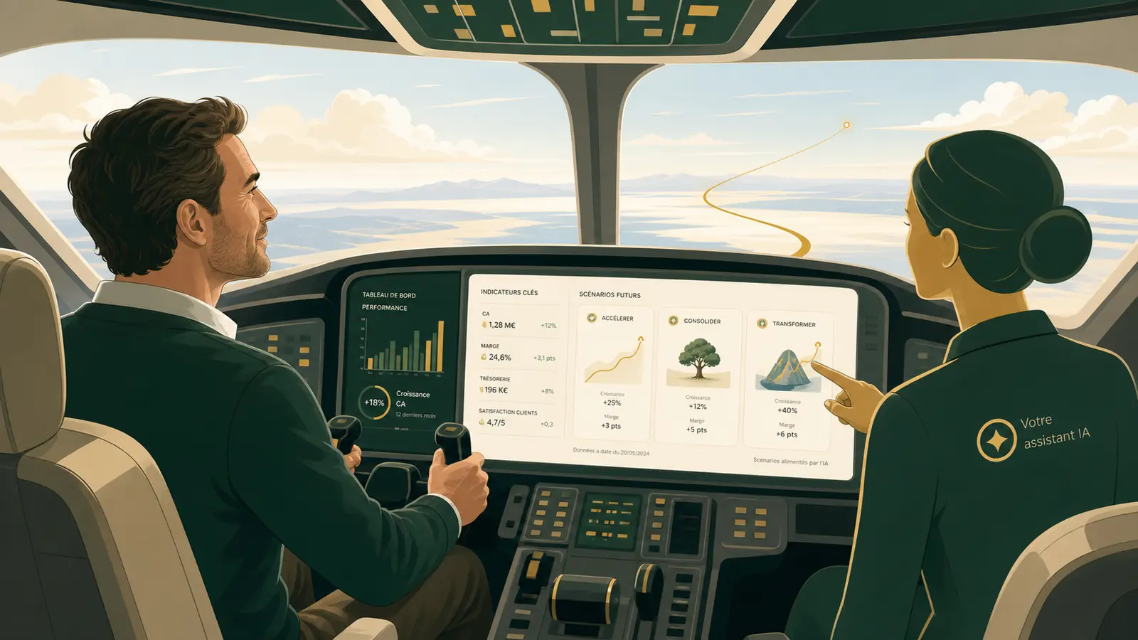 Pilotage IA dirigeant — métaphore cockpit, dirigeant aux commandes — illustration éditoriale BELE