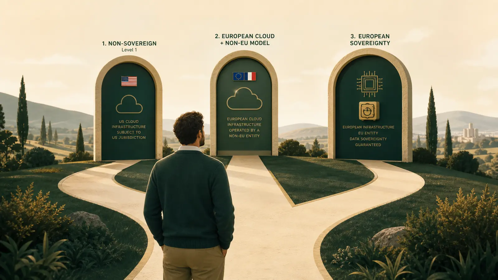 IA souveraine en France 2026 — schéma des trois niveaux de souveraineté pour TPE/PME — modèle européen, cloud qualifié, données protégées