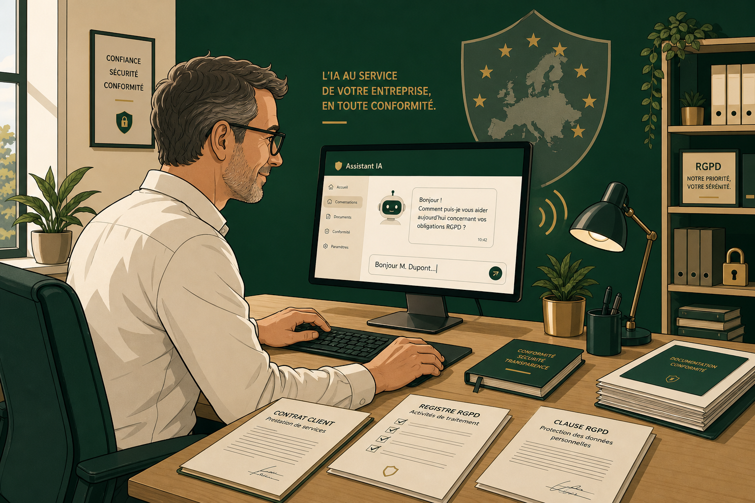 Illustration éditoriale RGPD et IA — dirigeant TPE devant un écran ChatGPT, gardien européen en arrière-plan