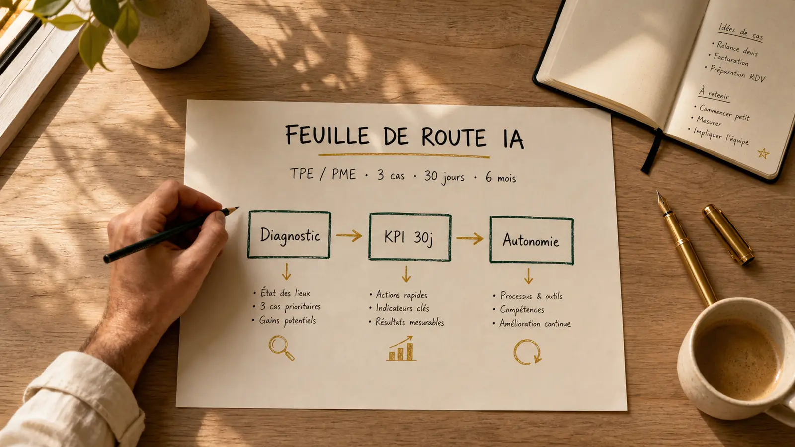 Consultant IA TPE PME — feuille de route IA, praticien dirigeant — illustration éditoriale BELE